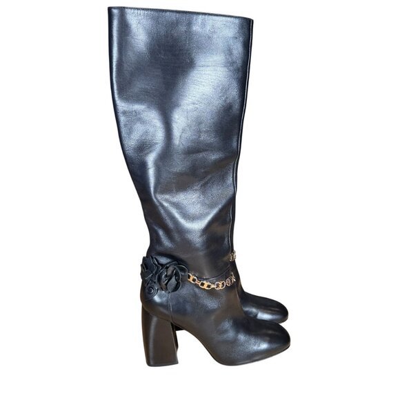 Tory Burch Black Leather Knee-High Boots W/ Chain & Flower Detail 8.5M - Picture 3 of 11